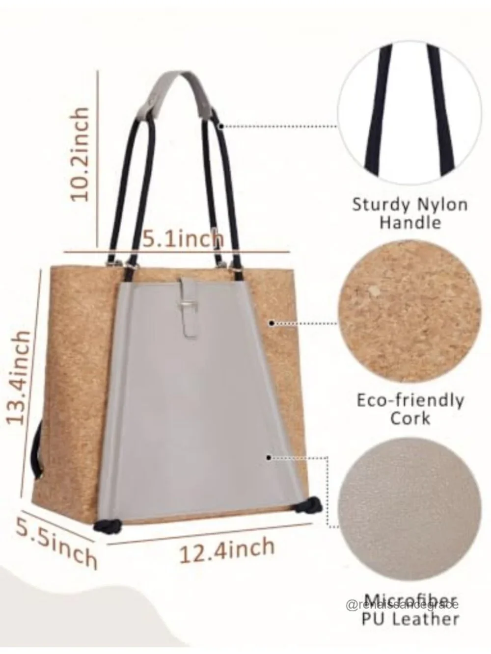 Cork Leather Work Travel Tote Bag Women Top Handle Handbag Purse Vegan